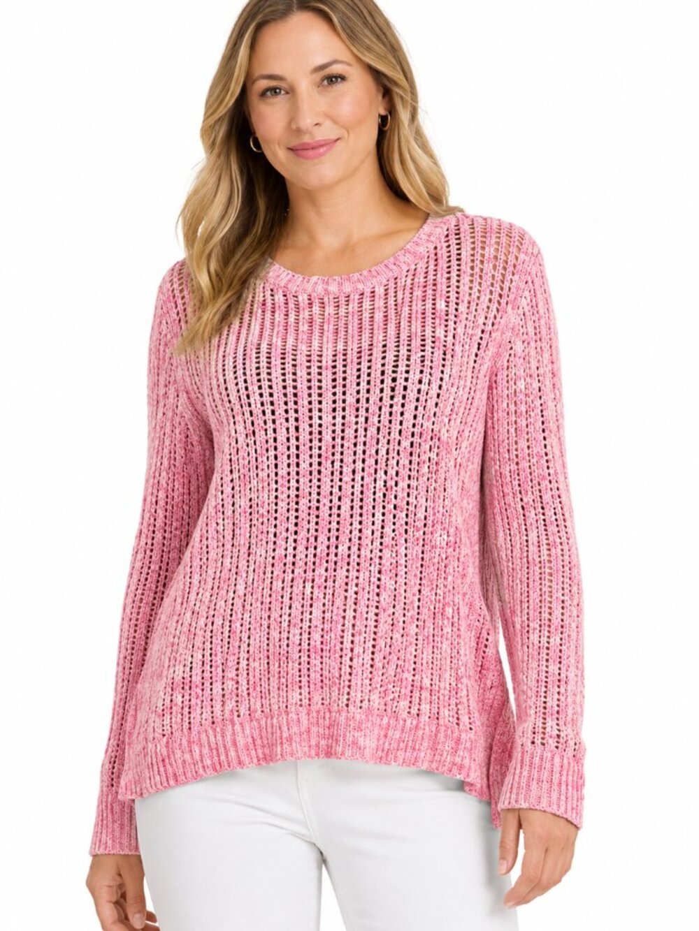 Talbots Women’s Open Knit Pullover Sweater Pink Marled Cotton Size XL